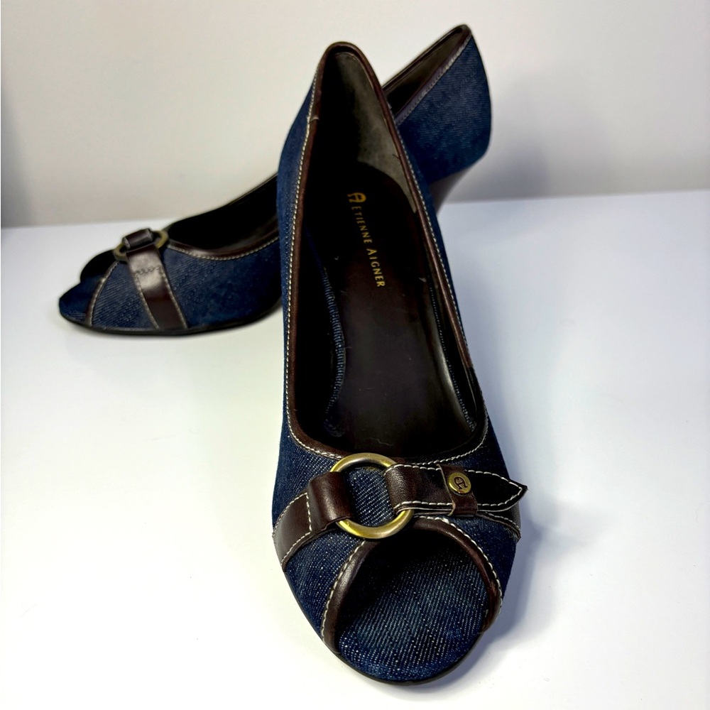 Etienne Aigner Denim and Brown Leather Heels